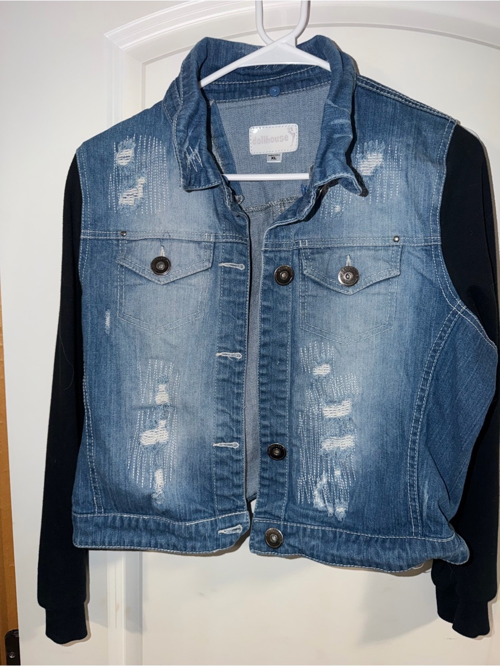 Dollhouse Blue Distressed Denim Jacket with Black Knit Sleeves